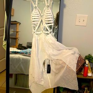 White Dolls Kill dress, flowy, top is leather harness, size S